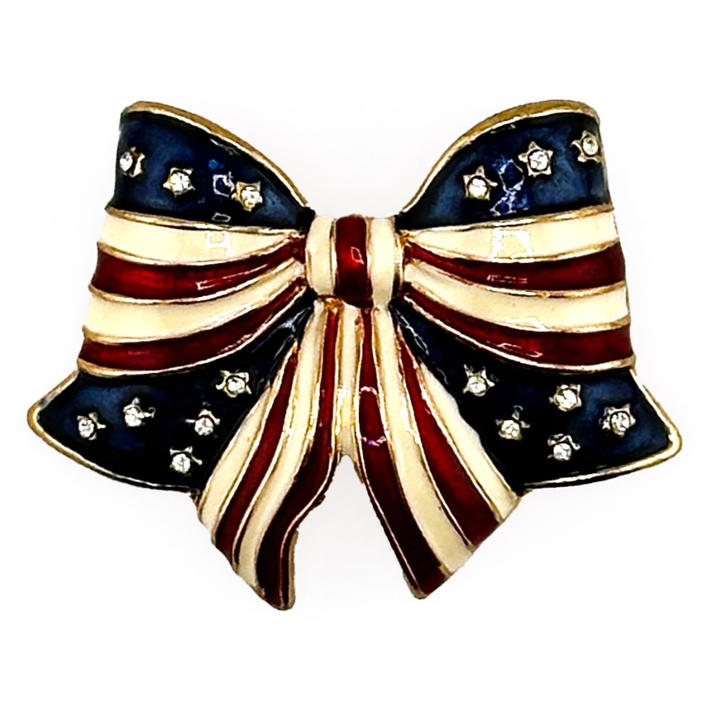 New! | Vintage American Flag Bow | Brooch/Pendant | Enamel & Rhinestones